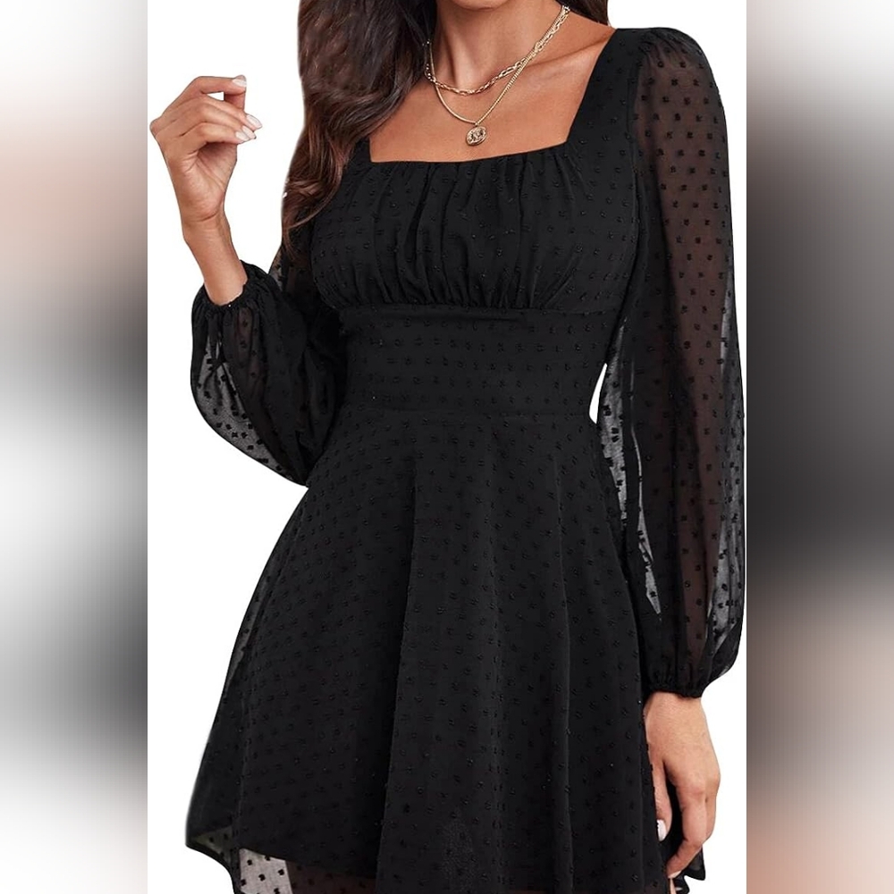 Polka Dot Square Neck A line Long Sleeve Swiss Dots Mini Dress